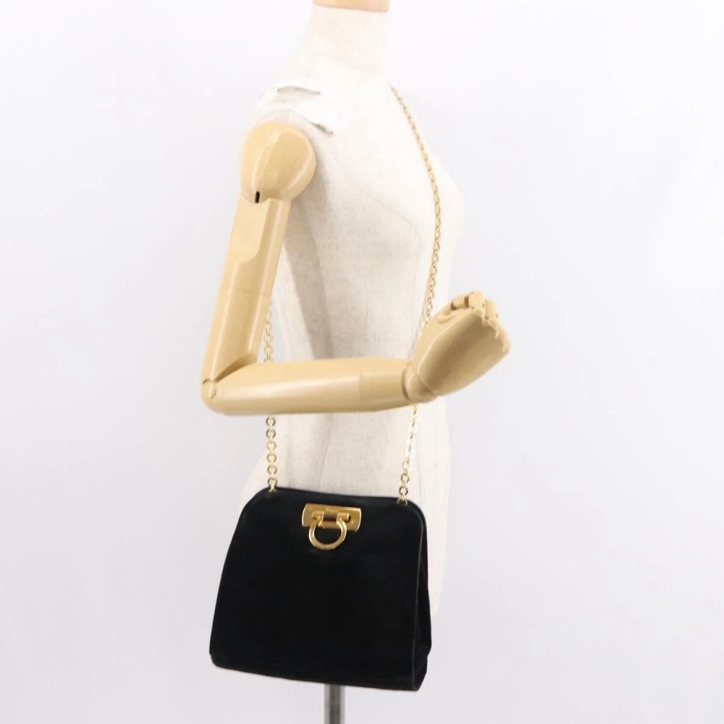 Salvatore Ferragamo Gancini Chain Shoulder Bag Suede Black Gold Auth Fm4930